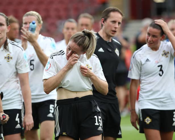 Dejected Northern Ireland players following the 2-0 defeat to Austria in Euro 2022. Pic by PressEye Ltd.