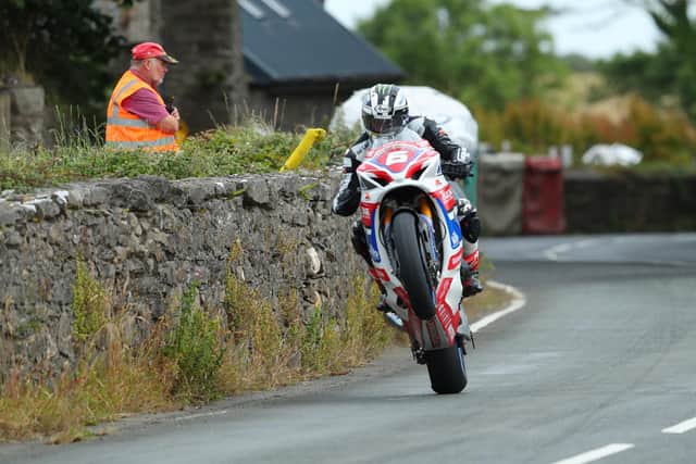 Michael Dunlop on the Hawk Racing Buildbase Suzuki at the Southern 100 on Monday.