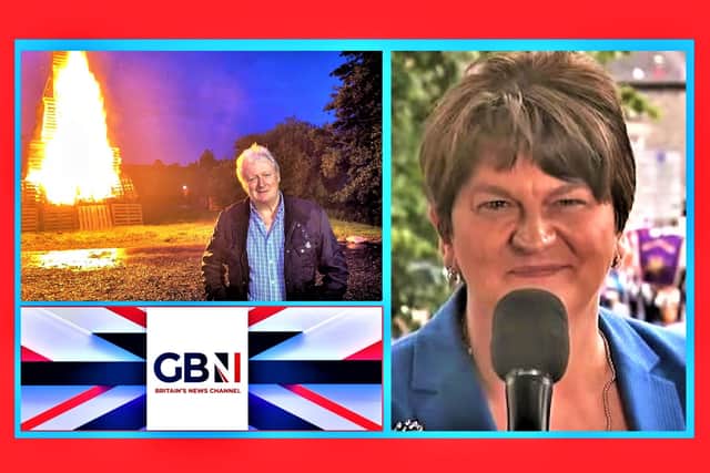 Charlie Lawson, Arlene Foster, and the GB News logo