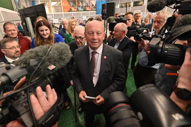 Jim Allister at the May Stormont election counts. He says: “Unionists elected off the back of TUV transfers — of which there are 10 in the Assembly — would do well to pause before rushing to endorse the leader of a party which does not want Northern Ireland to exist”