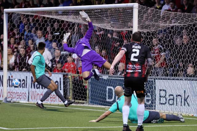 Billy Joe Burns fires home a superb goal in Crusaders' Europa Conference League success over Bruno's Magpies. Pic by Pacemaker.
