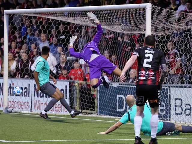Billy Joe Burns fires home a superb goal in Crusaders' Europa Conference League success over Bruno's Magpies. Pic by Pacemaker.