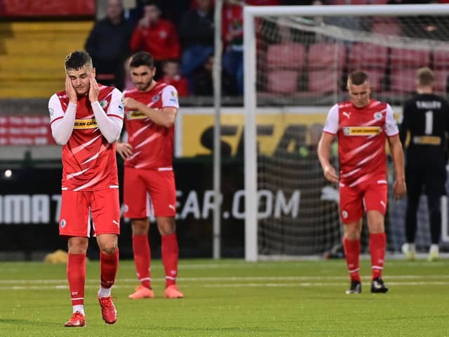 Cliftonville players react as DAC’s Nikola Krstovic scores from the penalty spot