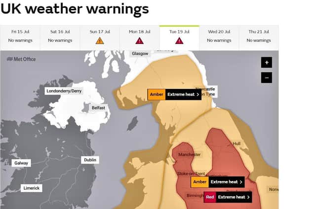 Map from the Met Office (correct as of Friday morning) showing NI will avoid red or amber weather warnings, but could still see record-breaking heat