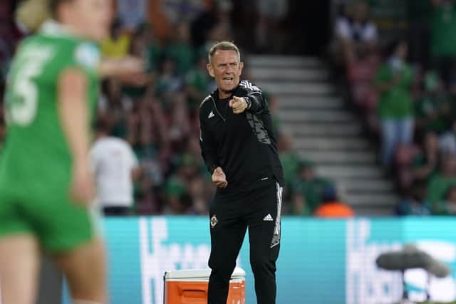 Manager Kenny Shiels offering his Northern Ireland players advice against England. Pic by PA.