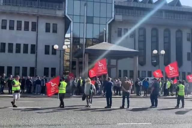 Unite members at Derry City and Strabane council offices earlier this year