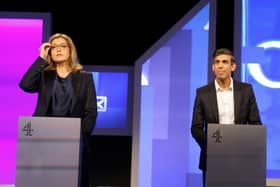 The two front runners in the Tory leadership race, Penny Mordaunt and Rishi Sunak, at the Channel Four debate. He has never seemed much bothered by the Irish Sea border, and she has no track record against it either. Photo: Victoria Jones/PA Wire