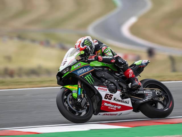 World Superbike title contender Jonathan Rea fnished second in race one on his Kawasaki ZX-10RR at Donington Park on Saturday.