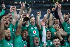 Johnny Sexton, captain of Ireland (C) and his teammates celebrate their series win over the New Zealand All Blacks
