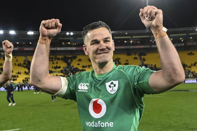 Ireland's Johnny Sexton celebrates following the third rugby international between the All Blacks and Ireland in Wellington, New Zealand, Saturday, July 16, 2022. Photo: Andrew Cornaga/Photosport via AP