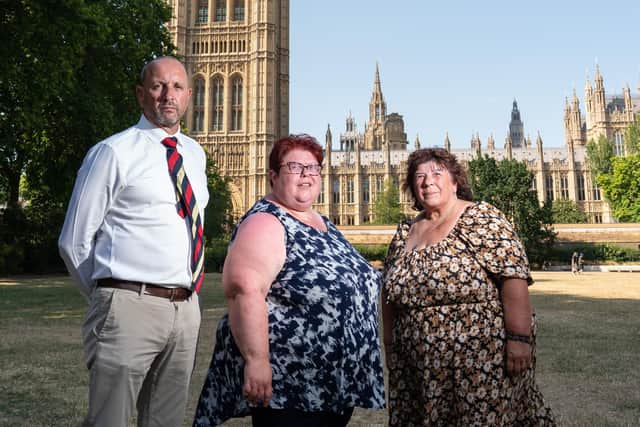 Families of the Hyde Park bombing victims (left to right) Mark Tipper, the brother of Simon Tipper, Sarah Jane Young and Judith Jenkins-Young, the daughter and wife of Jeffery Young, near the Houses of Parliament, in Westminster, London, after meeting with politicians. Wednesday marks the 40th anniversary of the bombings which killed eleven soldiers.
