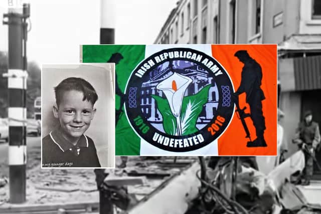 Philip Gault as a schoolboy, next to an IRA propaganda flag; the IRA's July 21 blitz in 1972 was one of the most extreme acts of the Troubles