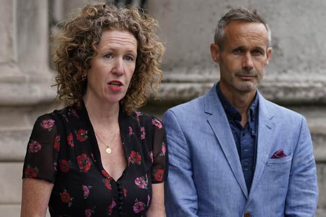 Sebastien and Maebh Quoirin, the parents of Nora, the French-Irish schoolgirl from London whose body was found near a Malaysian jungle resort during a family holiday, outside the High Court in Dublin, where they settled a case against Facebook