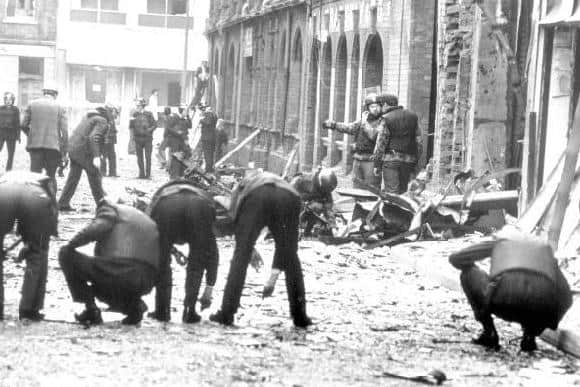 The aftermath of one of the 22 Provisional IRA bomb blasts in Belfast on July 21, 1972