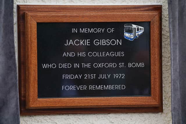 A plaque in memory of Jackie Gibson which was unveiled at an event with members of his family, former colleagues in Ulsterbus and current drivers, at the depot in Ballygowan where he began his journey on Bloody Friday. Jackie was killed in the bomb that detonated at the Oxford Street bus station on July 21 1972. Picture date: Thursday July 21, 2022.