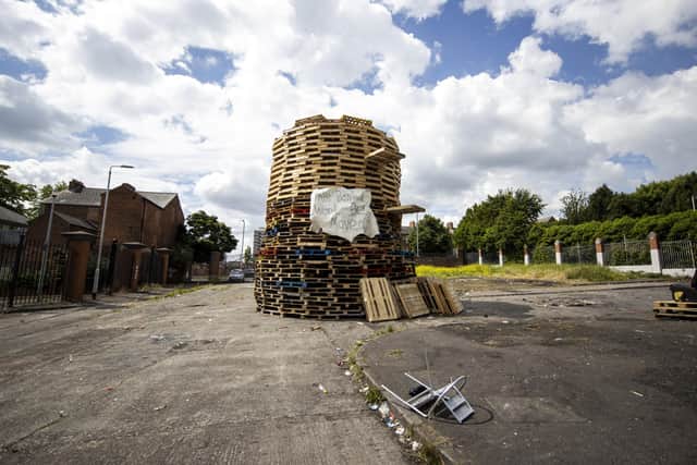 File photo dated 06/07/21 of a controversial loyalist bonfire built at the interface in north Belfast dividing loyalist Tiger's Bay and nationalist New Lodge.