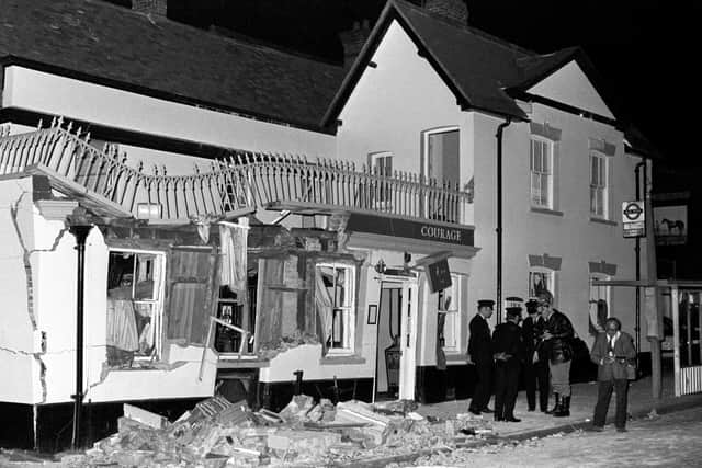 The aftermath at the Horse and Groom pub in Guildford, Surrey, where an IRA bomb attack killed four soldiers and a civilian and injured dozens more