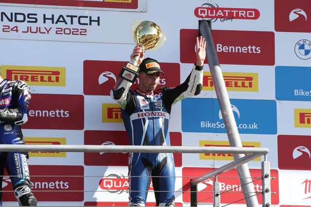 Glenn Irwin finished on the rostrum in third place in the final race of the weekend at Brands Hatch on Sunday. Picture: David Yeomans.