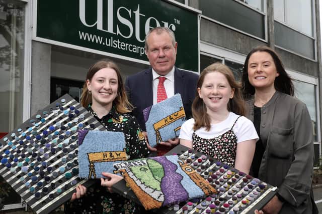Jubilee design competition winner Emily McMullan with Minister Conor Burns and Ulster Carpets designers Sarah Healy and Sinead Tumilty
