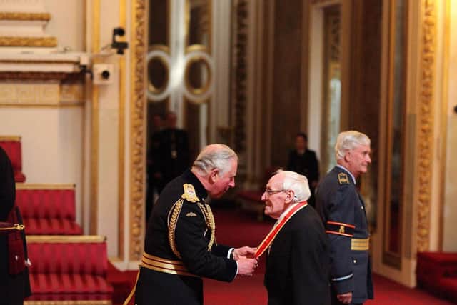 Sir William Wright is made a Knight Bachelor of the British Empire by the Prince of Wales at Buckingham Palace. Photo credit: Yui Mok/PA Wire
