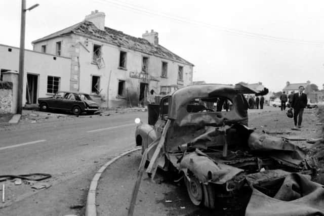 Wreckage outside the Beavpont Arms in the village of Claudy, Co Londonderry.