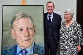 The Rt. Hon. Lord David Trimble with his wife Daphne  during  an unveiling of his portrait by Colin Davidson at Queen's Management School, Riddel Hall  in Belfast.
Pic Colm Lenaghan/Pacemaker