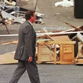 David Trimble at the Omagh bomb site