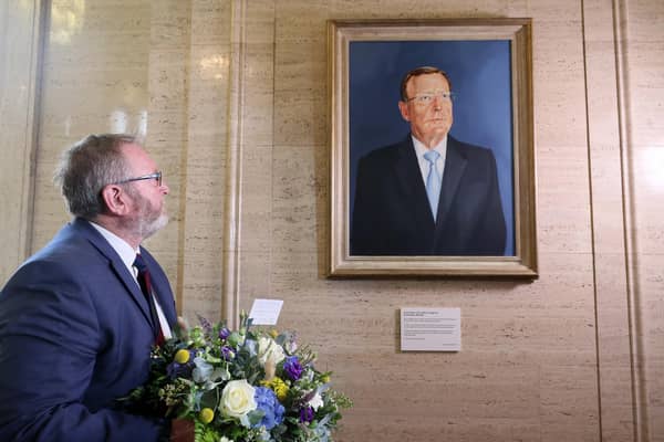 Press Eye - Belfast - Northern Ireland - 26th July 2022

Ulster Unionist Party leader Doug Beattie lays flowers at a portrait of Lord Trimble in the Great Hall at Parliament Buildings, Stormont.  The former UUP leader and  First Minister of Northern Ireland David Trimble died aged 77 on Monday.  

The unionist political was one of the main architects of the Good Friday Agreement which helped bring about peace in Northern Ireland. 


Picture by Jonathan Porter/PressEye
