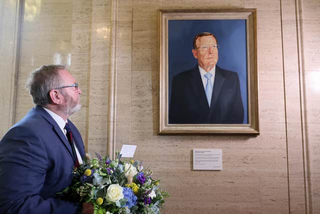 Press Eye - Belfast - Northern Ireland - 26th July 2022

Ulster Unionist Party leader Doug Beattie lays flowers at a portrait of Lord Trimble in the Great Hall at Parliament Buildings, Stormont.  The former UUP leader and  First Minister of Northern Ireland David Trimble died aged 77 on Monday.  

The unionist political was one of the main architects of the Good Friday Agreement which helped bring about peace in Northern Ireland. 


Picture by Jonathan Porter/PressEye