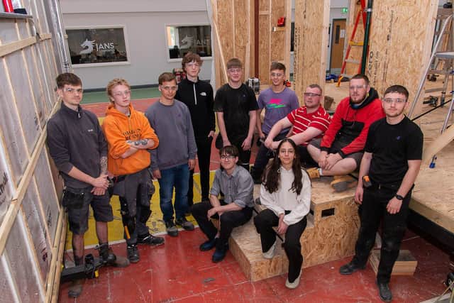 Pictured are placement students, apprentices and Erasmus students at the Jans Group: Adam O’Neill, Daniel McAlister, Alvarius Andiulius, Jack Galvin, Taylor Marks, Leon Carley, Tyler Owens, Robbie McCaughan, Todd Irvine. Seated are Eoin McConville and Anna Gregoriou