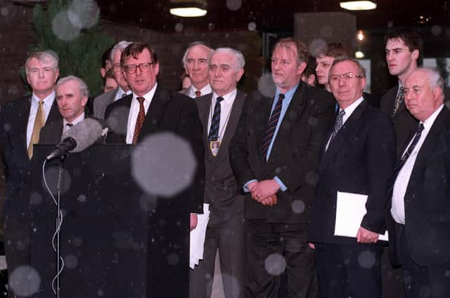 David Trimble, with his UUP negotiating team, at the 1998 Good Friday Agreement, of which he was a key architect