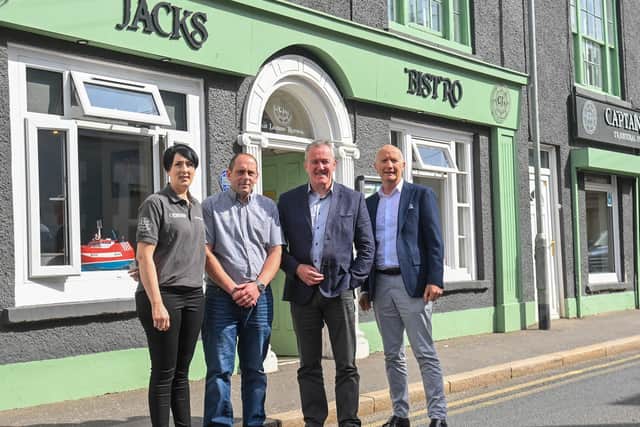 Jacqueline and James Higginson from Captain Jacks with Finance Minister Conor Murphy and Hospitality Ulster chief executive Colin Neill during a visit to Portaferry