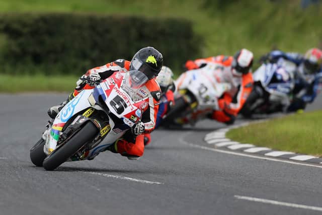 Bruce Anstey leads Peter Hickman, Conor Cummins and Dan Kneen in the feature Superbike race at the Ulster Grand Prix in 2017. Anstey won the race on the Padgett's Honda RC213V-S for his 13th victory at the event.