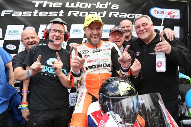 Popular New Zealander Bruce Anstey celebrates his 13th Ulster Grand Prix victory with the Padgett's Honda team in 2017.