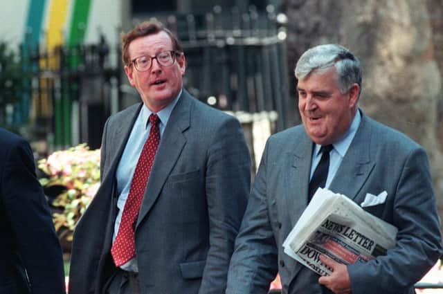 David Trimble and his then UUP deputy leader John Taylor at Downing Street in 1997  (Photo: JOHNNY EGGITT/AFP via Getty Images)