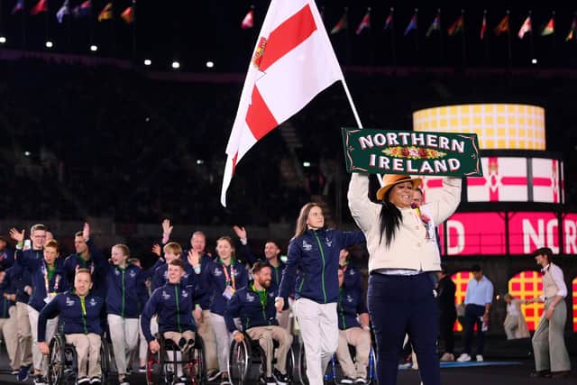 Flag bearers from Team Northern Ireland leads their team out during the opening ceremony of the Birmingham 2022 Commonwealth Games on July 28, 2022. Photo: David Ramos/Getty Images