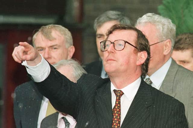 David Trimble with Ulster Unionist delegates, the day the Belfast Agreement was signed. It was a partial recovery from the disastrous Anglo Irish Agreement  of 1985, and it wouldn’t have happened without him