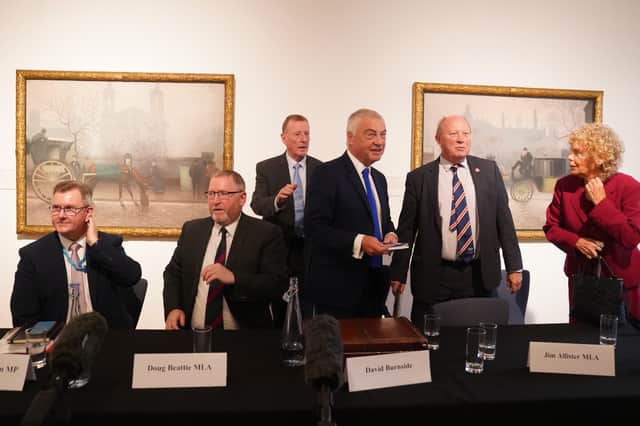 Lord Trimble strongly supported attempts to overhaul the Northern Ireland Protocol. Last October he attended this event against the Irish Sea border at the Tory conference. (left to right) DUP leader Sir Jeffrey Donaldson, UUP leader Doug Beattie, David Trimble, David Burnside, Jim Allister and Kate Hoey