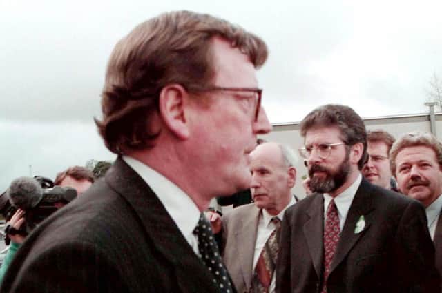 David Trimble and Gerry Adams pass within touching distance outside Castle  Buildings, Stormont during a break in negotiations before the 1998 Belfast Agreement. RTE's  appointment of Adams as reminiscer, raconteur and eulogiser-in-chief on Trimble's death flied in the face of blindingly obvious over-arching facts and was an insult to Trimble