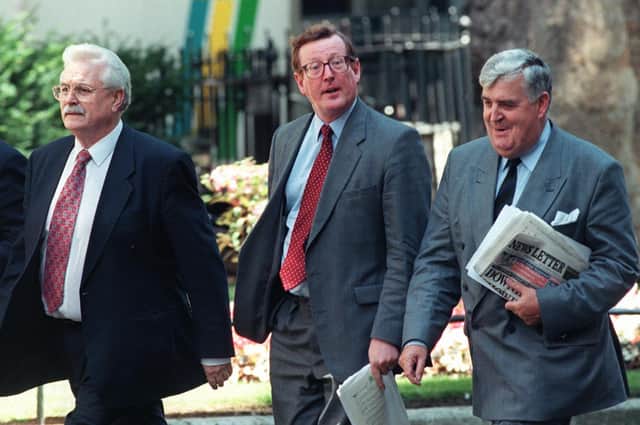David Trimble (centre) with senior UUP negotiators Ken (now Lord) Maginnis (left) and John Taylor (now Lord Kilclooney)
