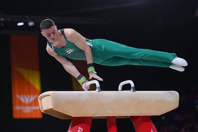 Rhys McClenaghan of Team Northern Ireland competes on the pommel horse during the Men's Team and Individual Artistic Gymnastic Qualification on day one of the Birmingham 2022 Commonwealth Games at Arena Birmingham. (Photo by Laurence Griffiths/Getty Images)