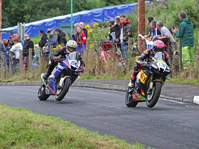 Davey Todd (Milenco by Padgett's Honda) leads Adam McLean (McLean Racing Yamaha) in the opening Supersport race at the Armoy Road Races on Saturday.