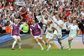 England's Chloe Kelly celebrates scoring their side's second goal of the game during the UEFA Women's Euro 2022 final at Wembley Stadium