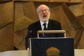 Director of the London-based think tank Policy Exchange, Lord Godson giving a reading at the funeral of former Northern Ireland first minister and UUP leader David Trimble, who died last week aged 77, at Harmony Hill Presbyterian Church, Lisburn. Picture date: Monday August 1, 2022.