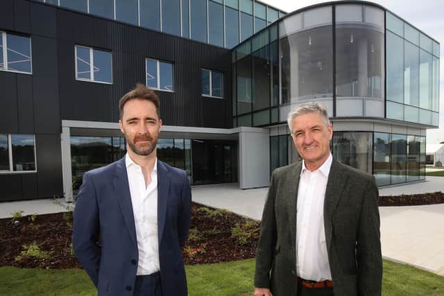Ballymena-based Clarke Façades has invested £4M in new offices and manufacturing facility revitalising disused Michelin Training Centre. Pictured are Eugene Clarke, managing director and Michael Clarke, chairman, Clarke Façades
