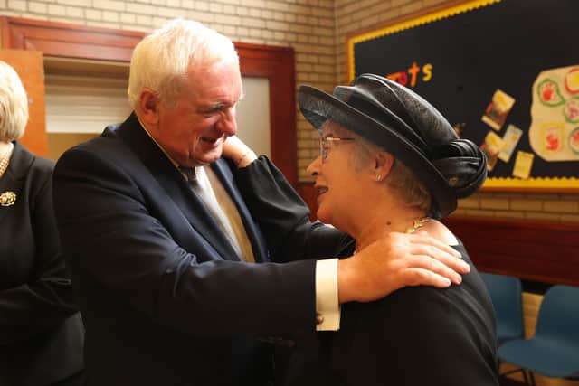 Former Taoiseach Bertie Ahern and Lady Daphne Trimble at the funeral of former Northern Ireland first minister and UUP leader David Trimble, who died last week aged 77, at Harmony Hill Presbyterian Church, Lisburn.