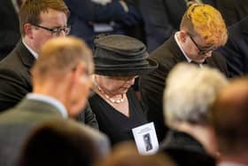 Nicholas, Lady Daphne and Victoria Trimble during the funeral of former Northern Ireland first minister and UUP leader David Trimble at Harmony Hill Presbyterian Church