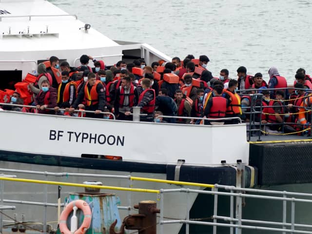 A group of people thought to be migrants are brought in to Ramsgate, Kent, onboard a Border Force vessel following a small boat incident in the Channel this week.