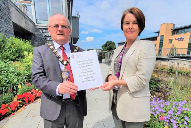 Fermanagh and Omagh District Council meets with Invest NI Independent Review Panel to discuss the need for change. Pictured are chair of Fermanagh and Omagh District Council, councillor Barry McElduff and Kim McLaughlin, direct of Regeneration and Planning