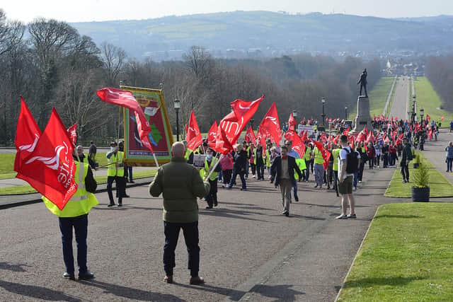 Striking Unite members staged a protest at Stormont back in March
